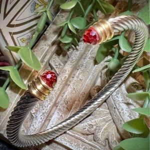 New! Faceted Garnet End caps silver cuff bracelet with cable wire twisted cuff